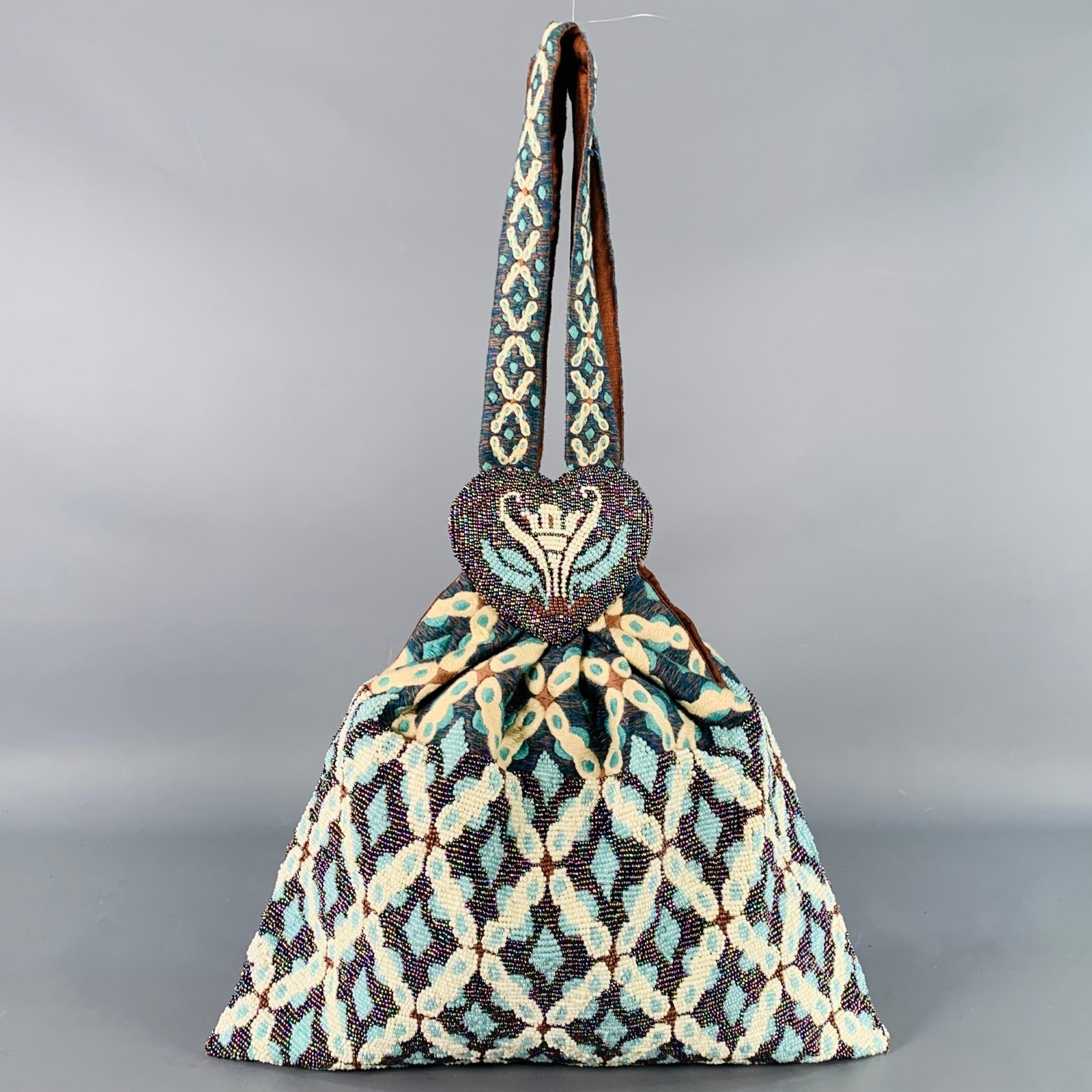 Muriel Brandolini Blue Brown White Beaded Hand Embroidered Cotton Handbag